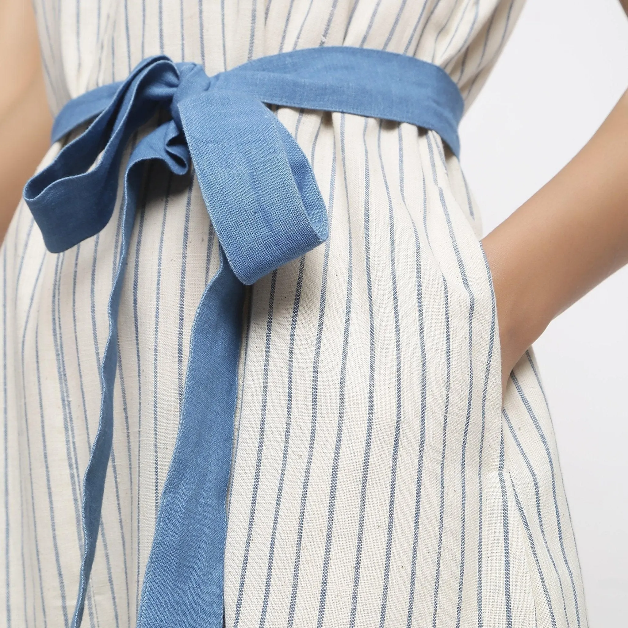 Ecru and Blue Striped 100% Cotton Sleeveless Jumpsuit