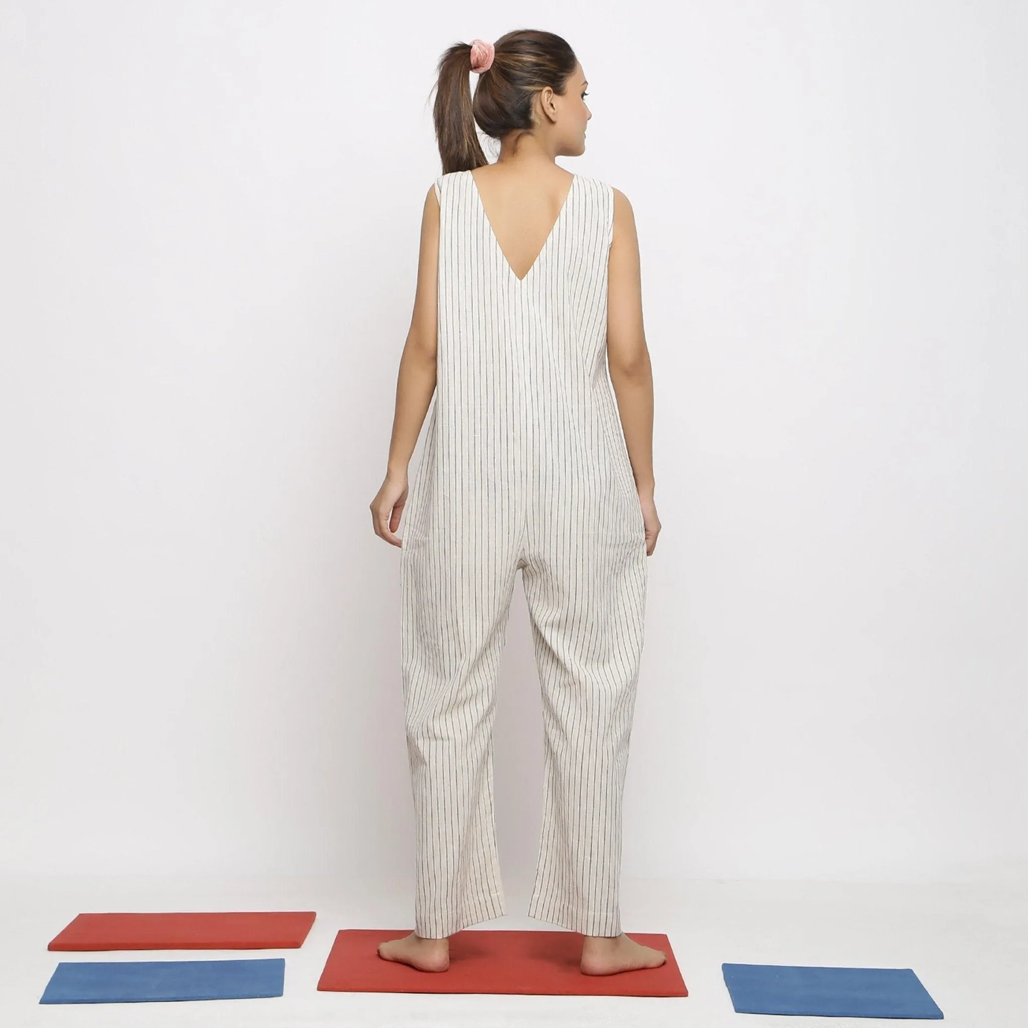 Ecru and Blue Striped 100% Cotton Sleeveless Jumpsuit