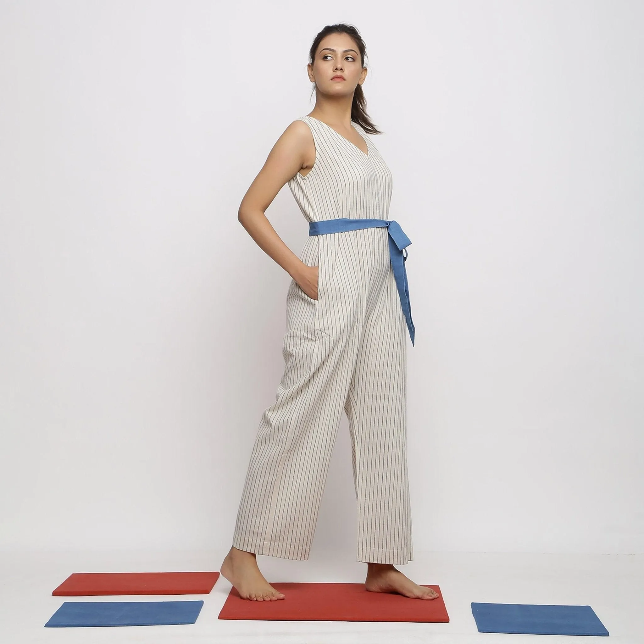 Ecru and Blue Striped 100% Cotton Sleeveless Jumpsuit