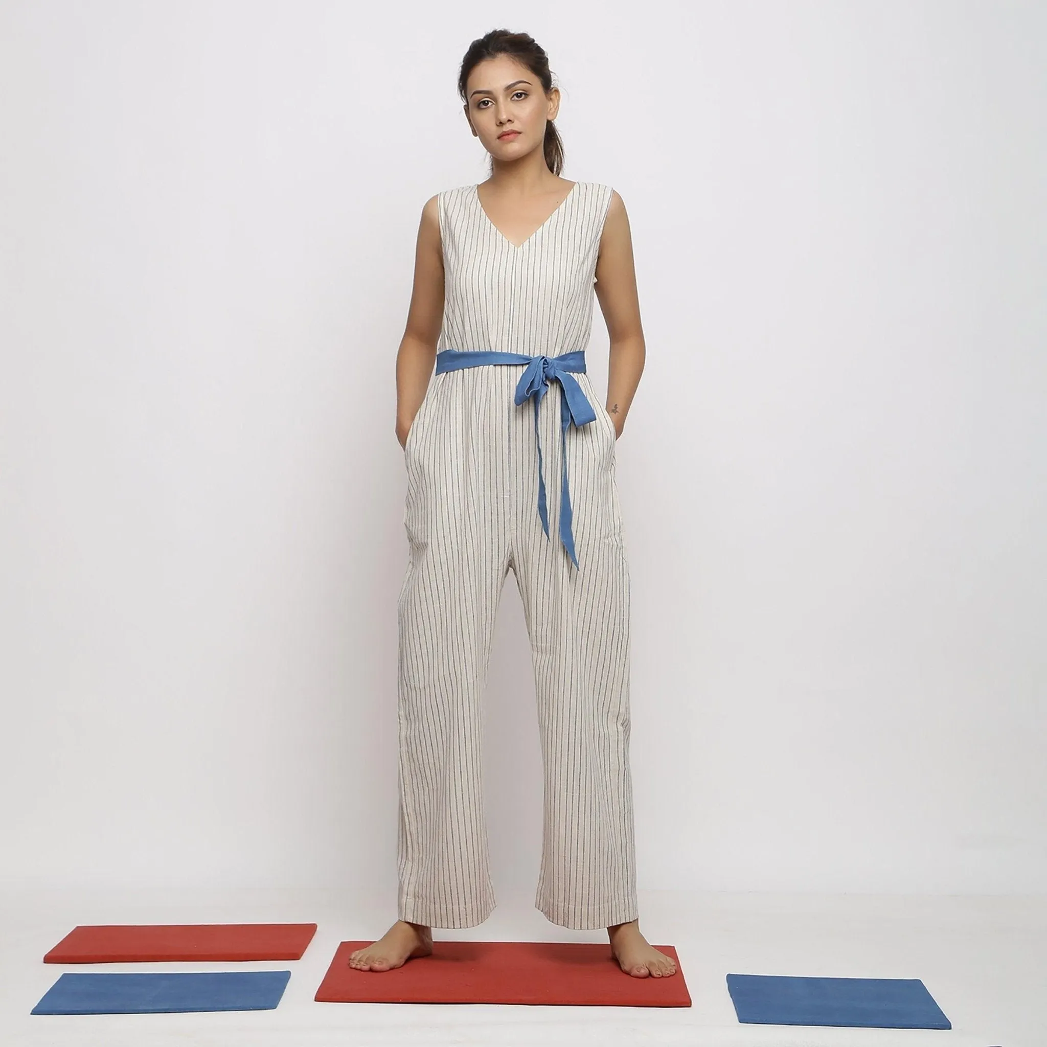 Ecru and Blue Striped 100% Cotton Sleeveless Jumpsuit