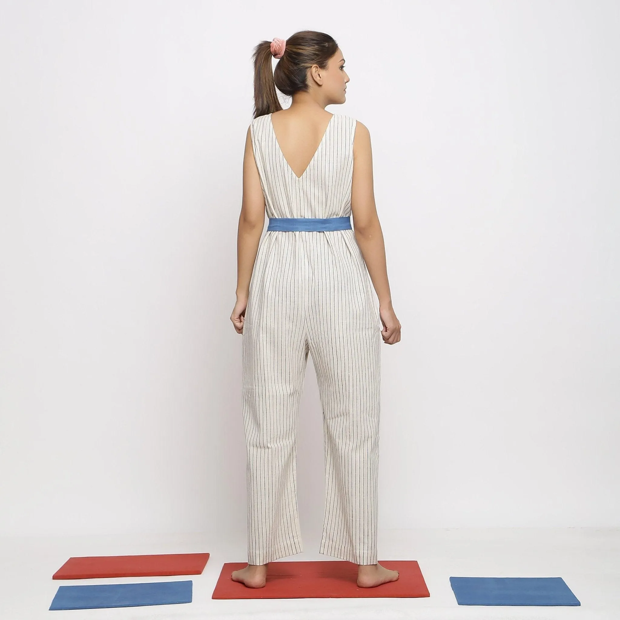 Ecru and Blue Striped 100% Cotton Sleeveless Jumpsuit