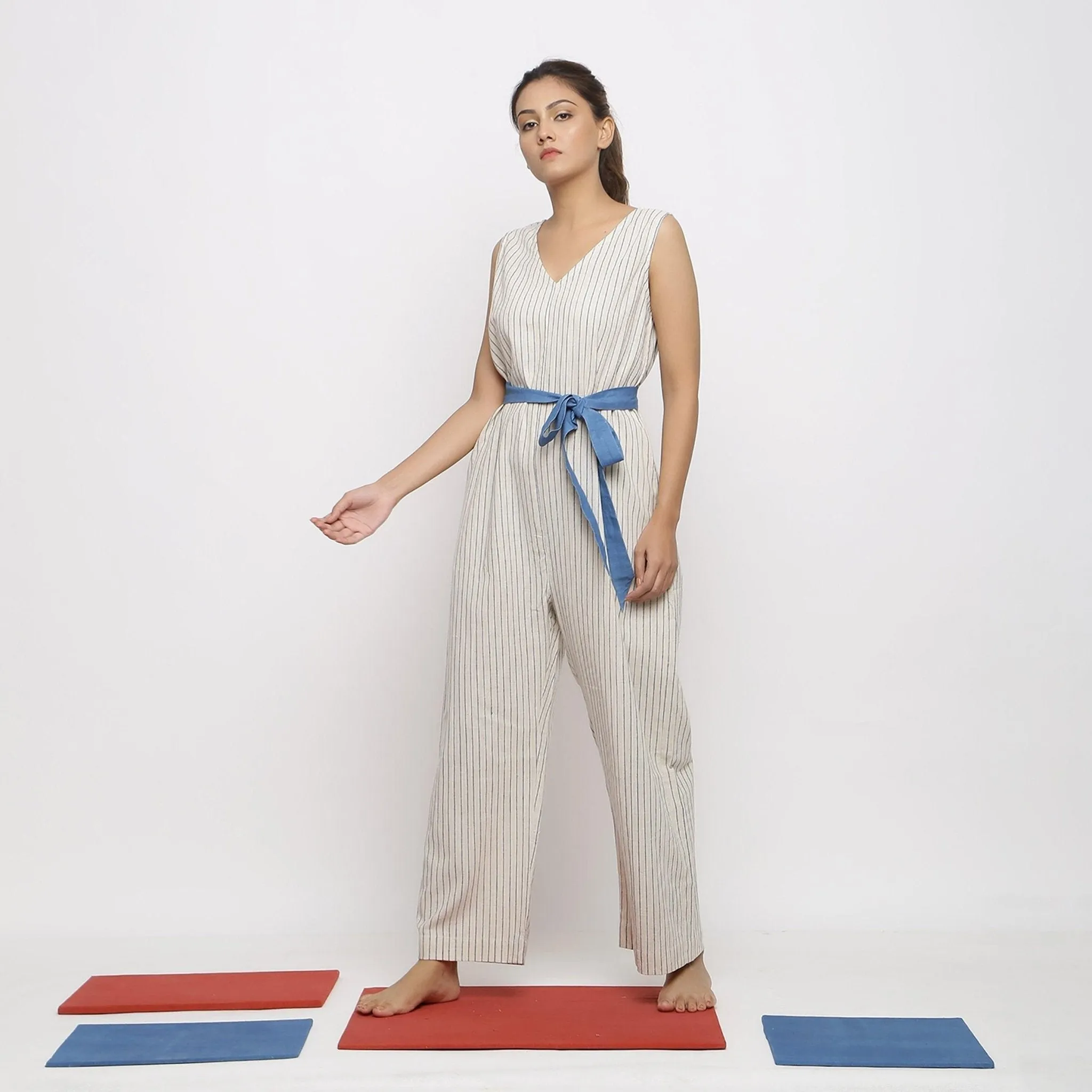 Ecru and Blue Striped 100% Cotton Sleeveless Jumpsuit