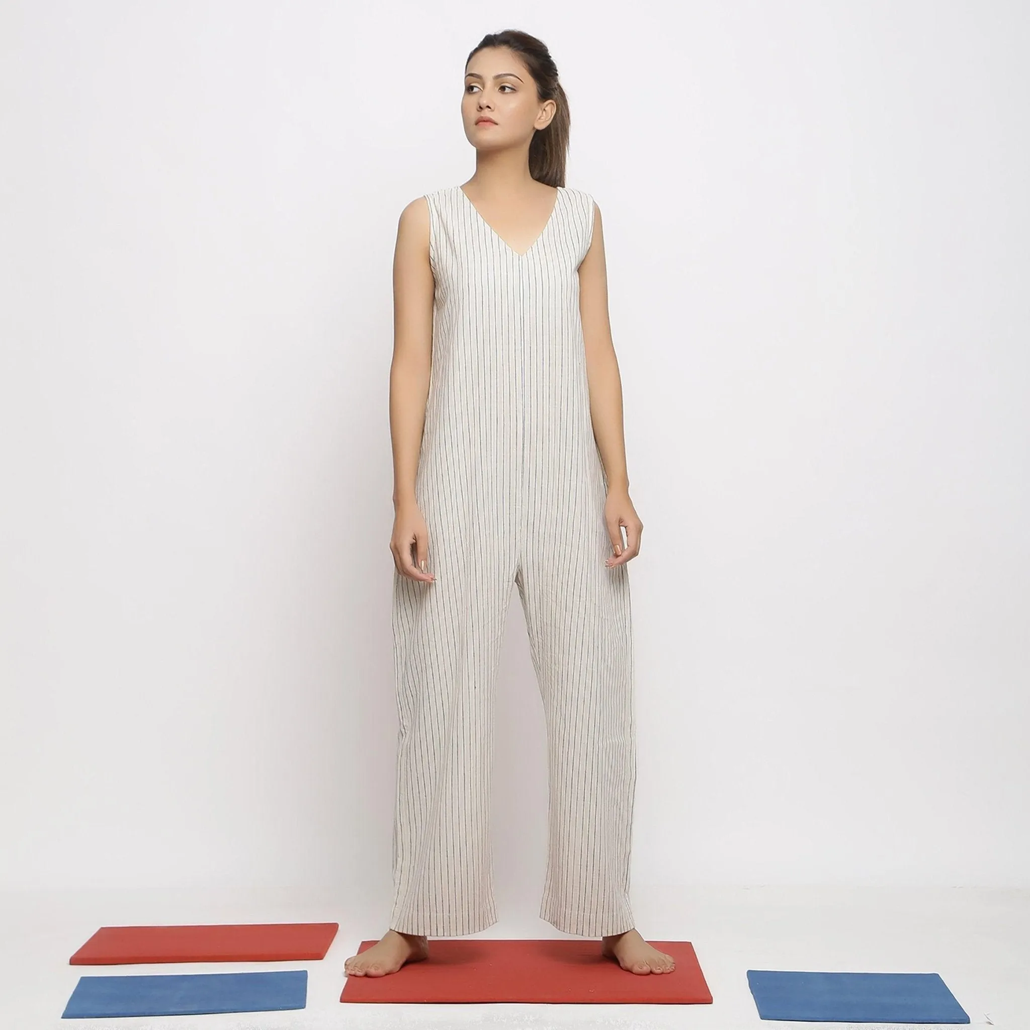 Ecru and Blue Striped 100% Cotton Sleeveless Jumpsuit