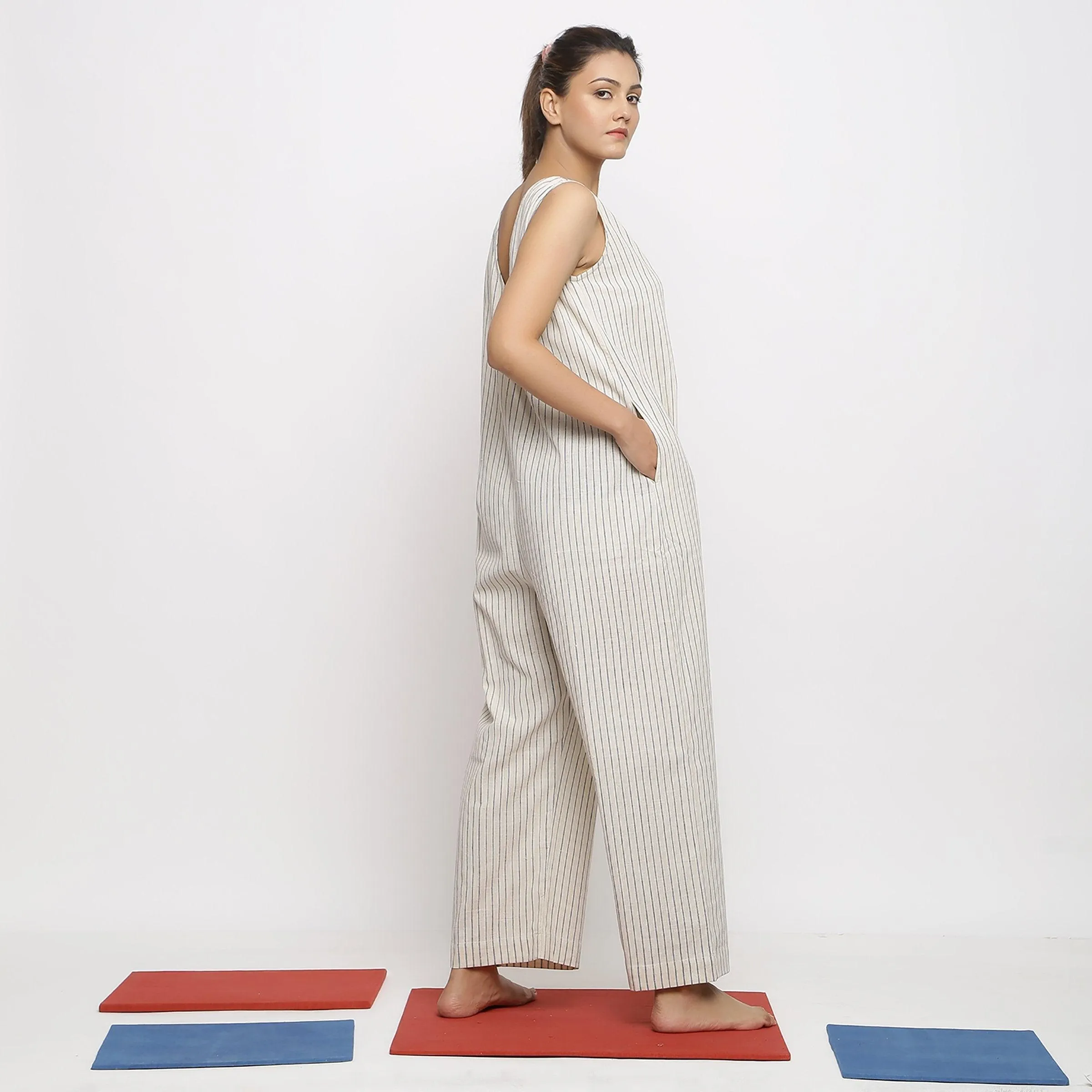 Ecru and Blue Striped Vegetable Dyed Cotton Sleeveless Jumpsuit