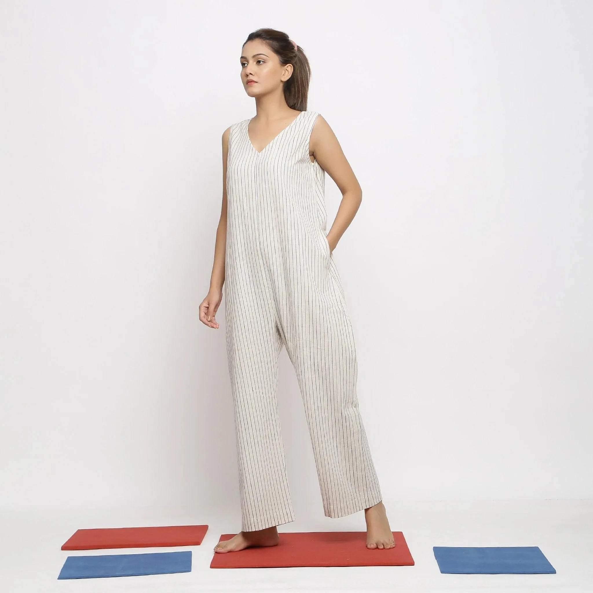 Ecru and Blue Striped Vegetable Dyed Cotton Sleeveless Jumpsuit