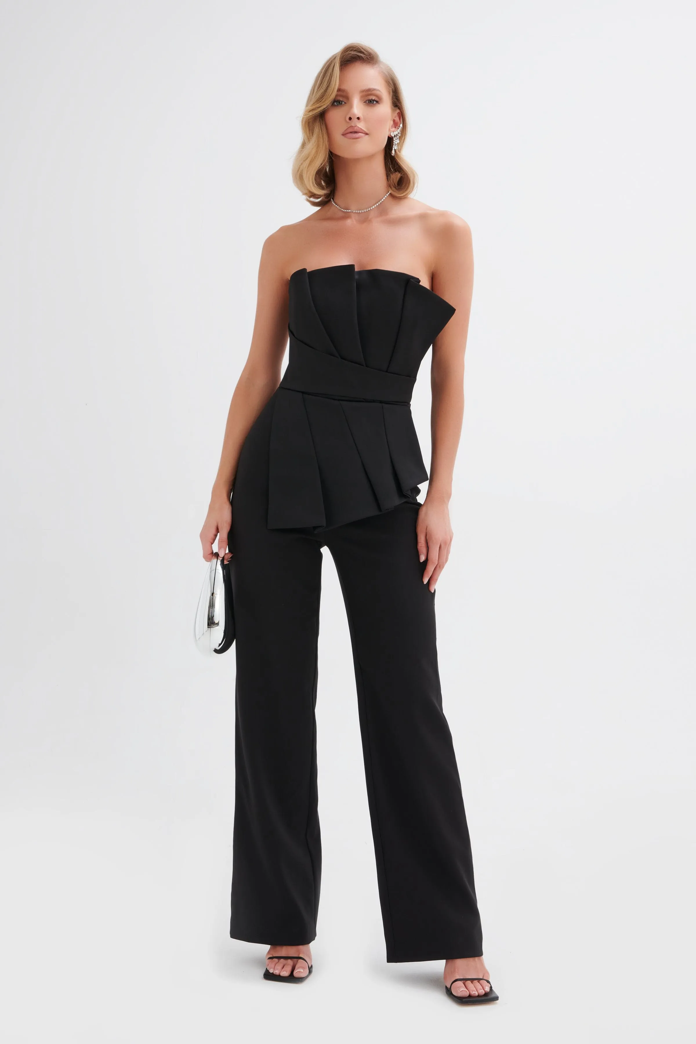 ELARA Asymmetric Pleated Frill Straight Leg Jumpsuit in Black