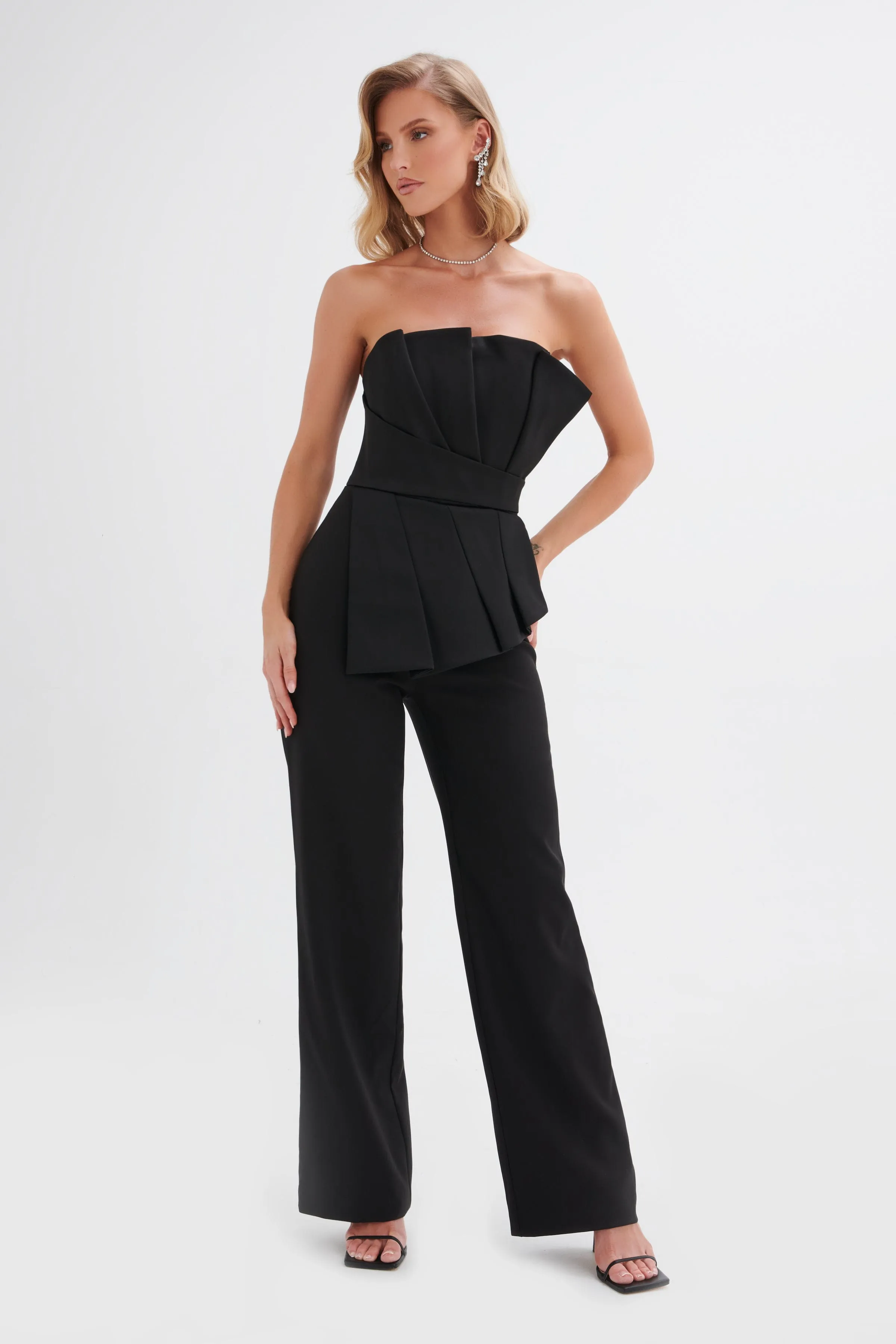 ELARA Asymmetric Pleated Frill Straight Leg Jumpsuit in Black