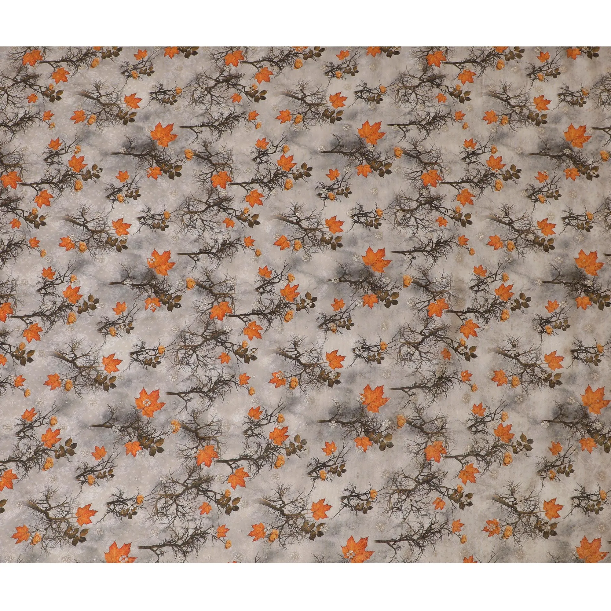 Elegant Viscose Fabric with Winter Branches and Autumn Leaves Digital Print, 110 cm Wide-D19203