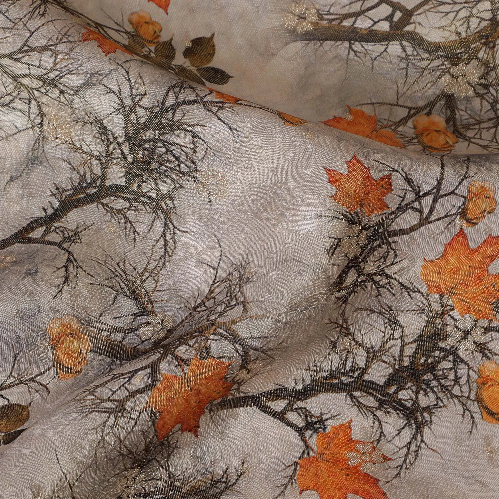 Elegant Viscose Fabric with Winter Branches and Autumn Leaves Digital Print, 110 cm Wide-D19203