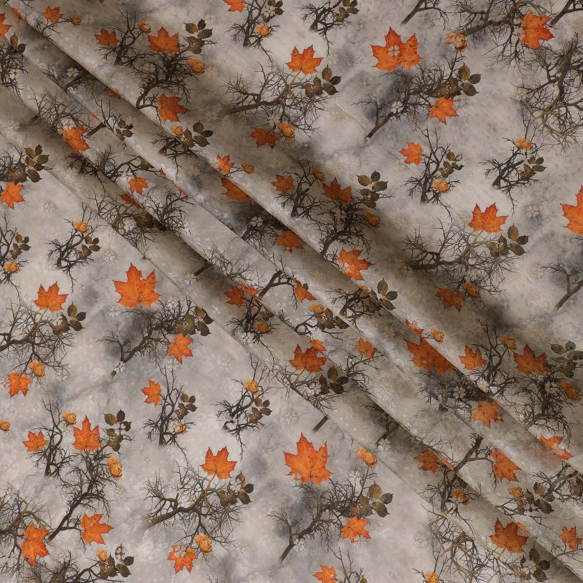 Elegant Viscose Fabric with Winter Branches and Autumn Leaves Digital Print, 110 cm Wide-D19203