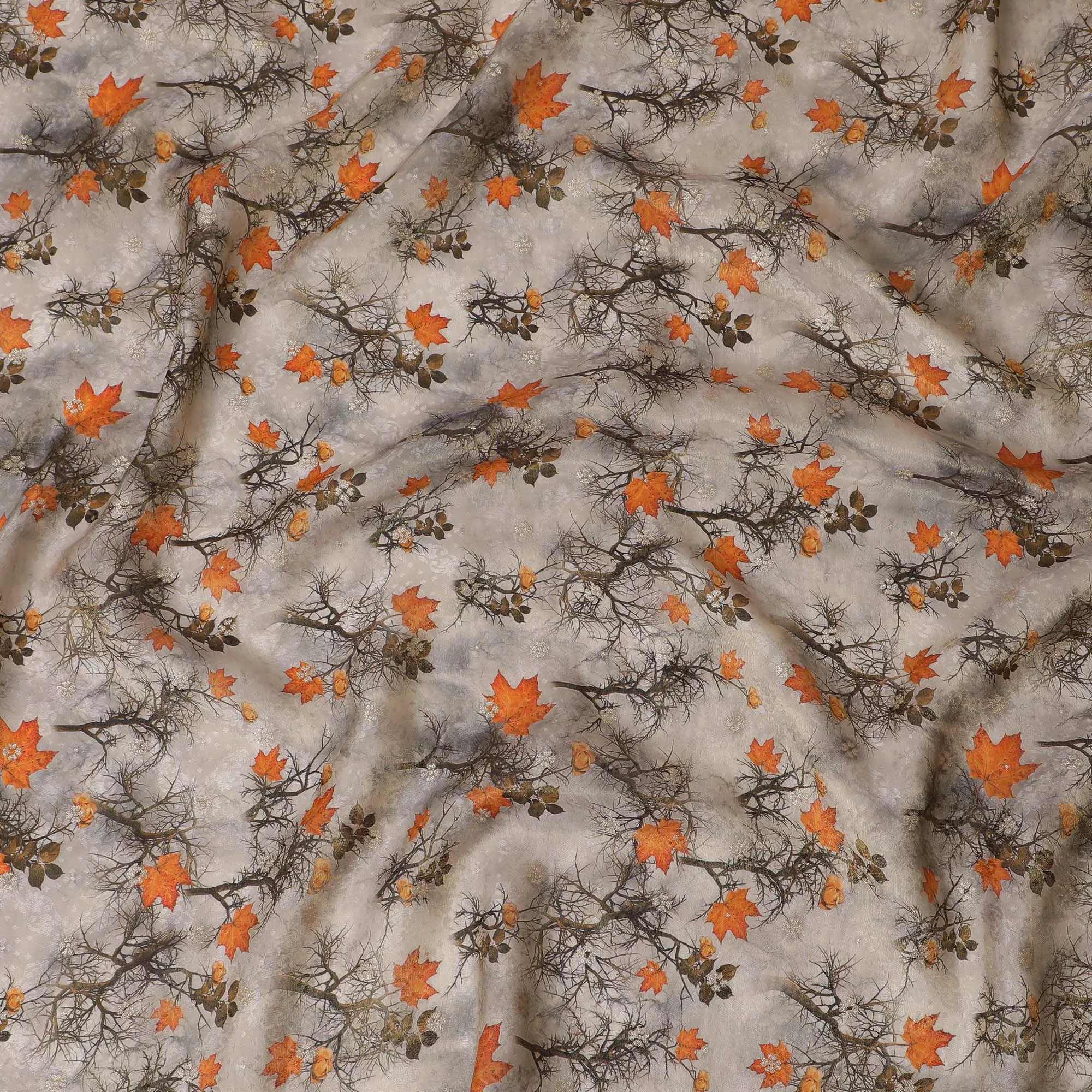 Elegant Viscose Fabric with Winter Branches and Autumn Leaves Digital Print, 110 cm Wide-D19203