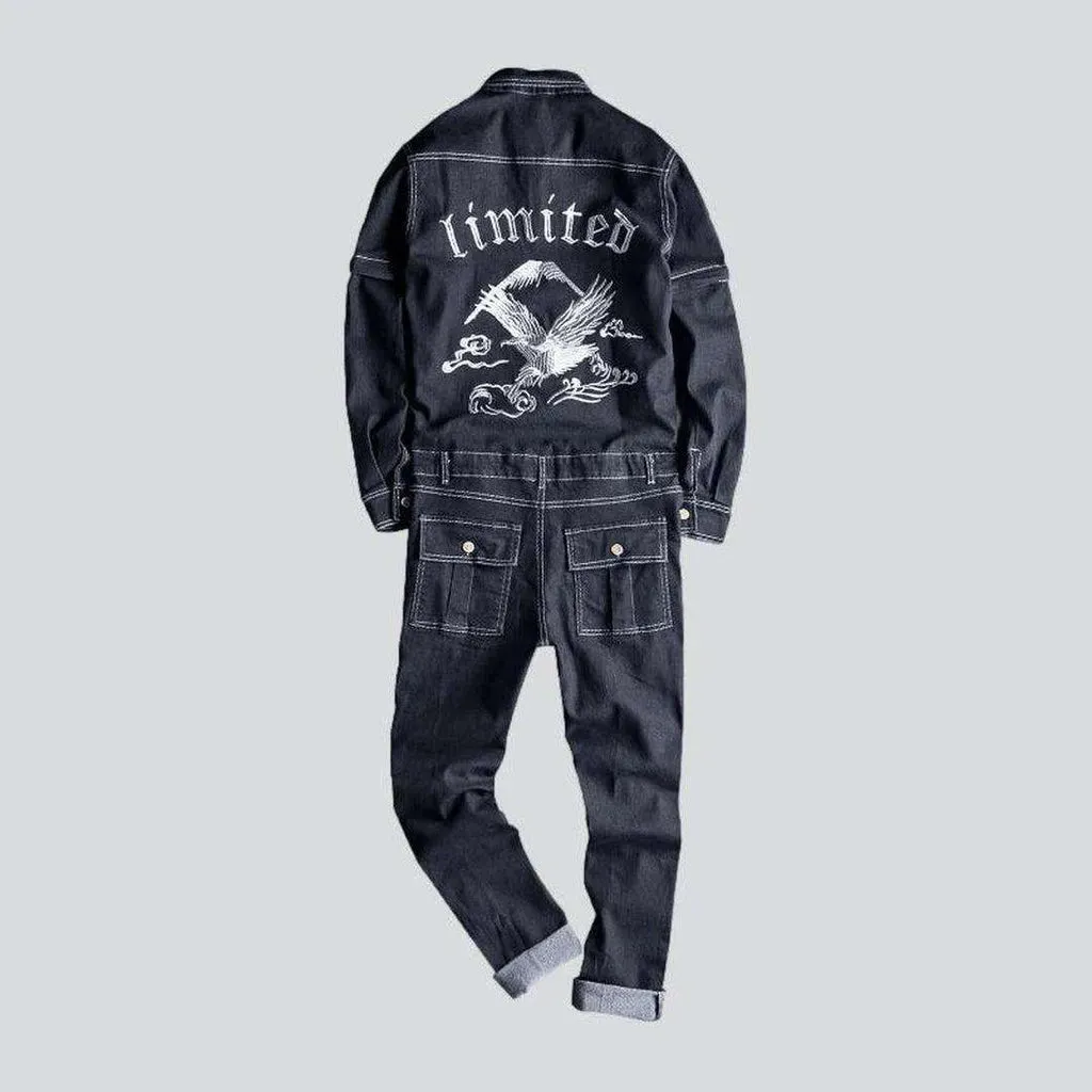 Embroidered denim jumpsuit for men