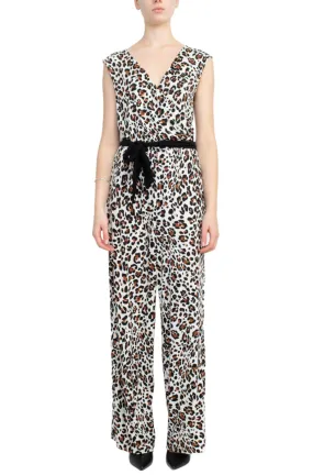 Emma & Michele V-Neck Elastic Waist Sleeveless Tie Waist Animal Print ITY Jumpsuit