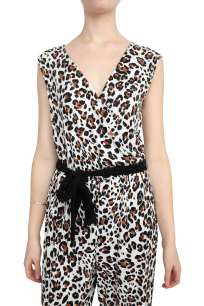 Emma & Michele V-Neck Elastic Waist Sleeveless Tie Waist Animal Print ITY Jumpsuit