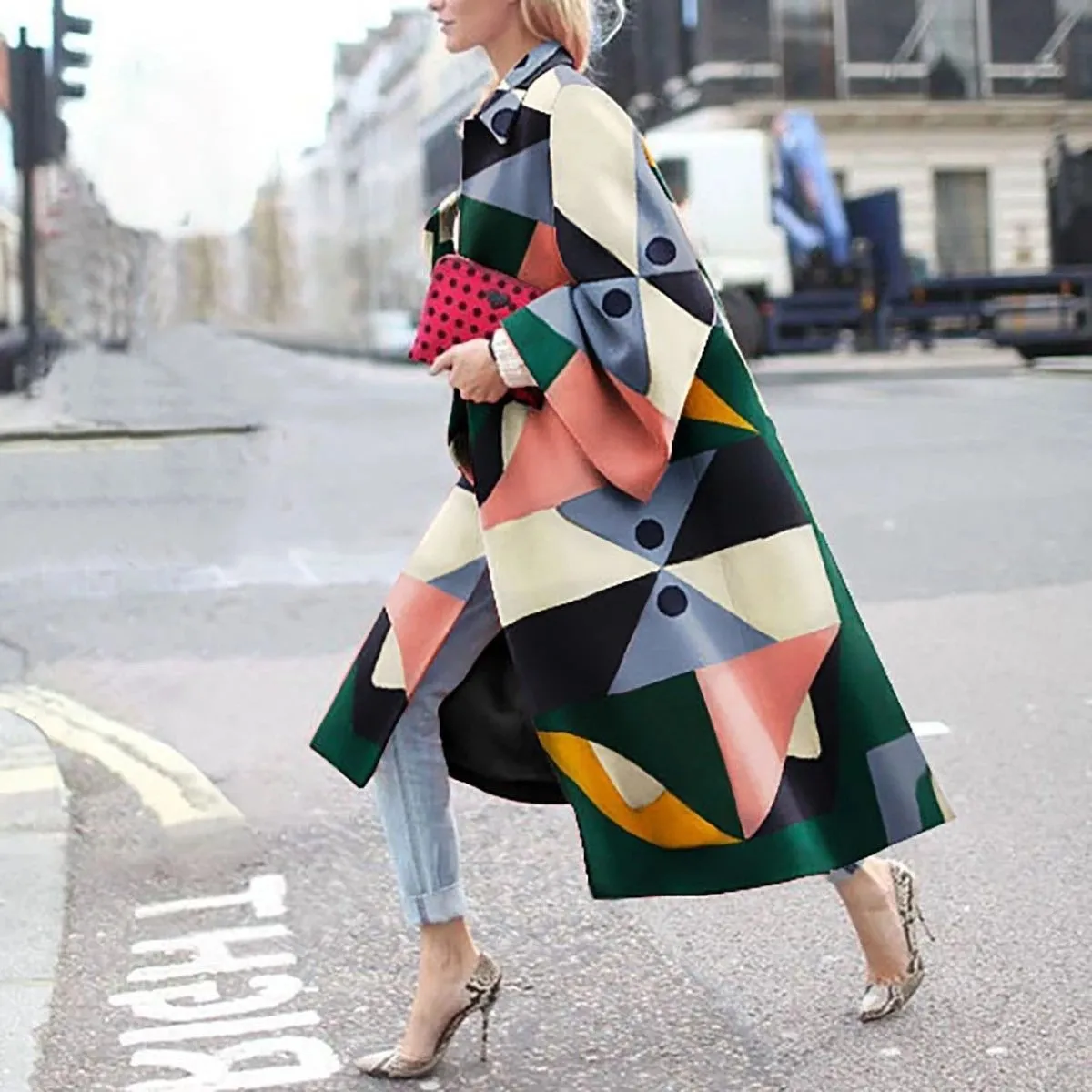 Fashion geometric print color loose wool long coat