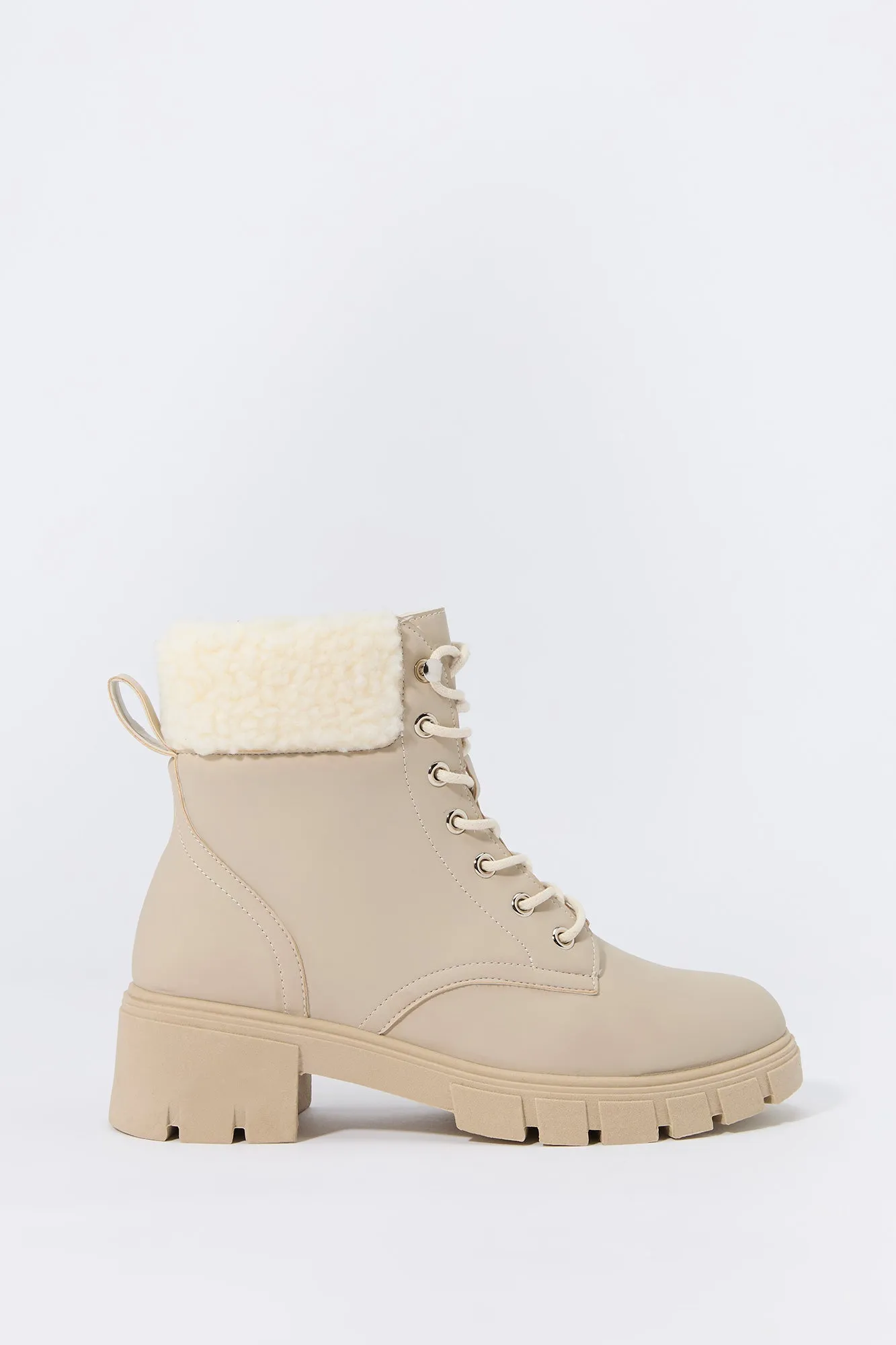 Faux Fur Collared Lace Up Lug Boot