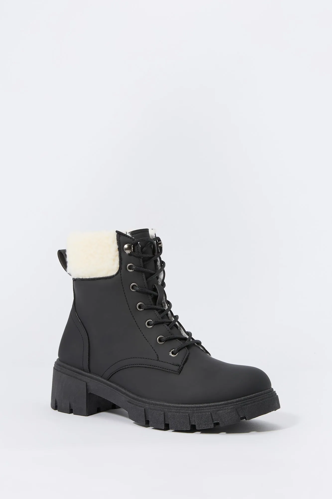 Faux Fur Collared Lace Up Lug Boot