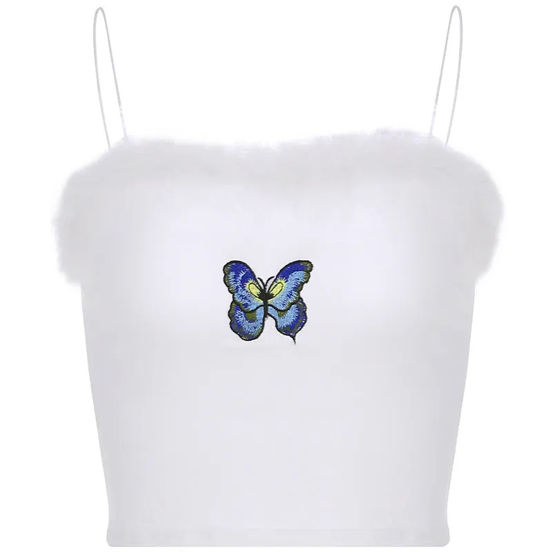 Feather Patchwork Cute Harajuku Crop Top Women Colorful Butterfly Appliques Sweet Spaghetti Strap Cami Top