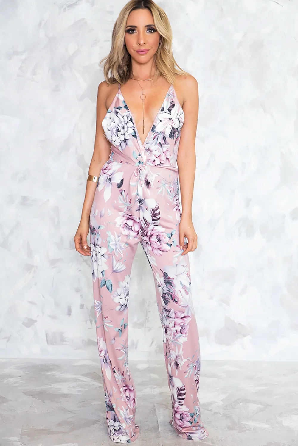 Floral Deep-V Jumpsuit - Blush