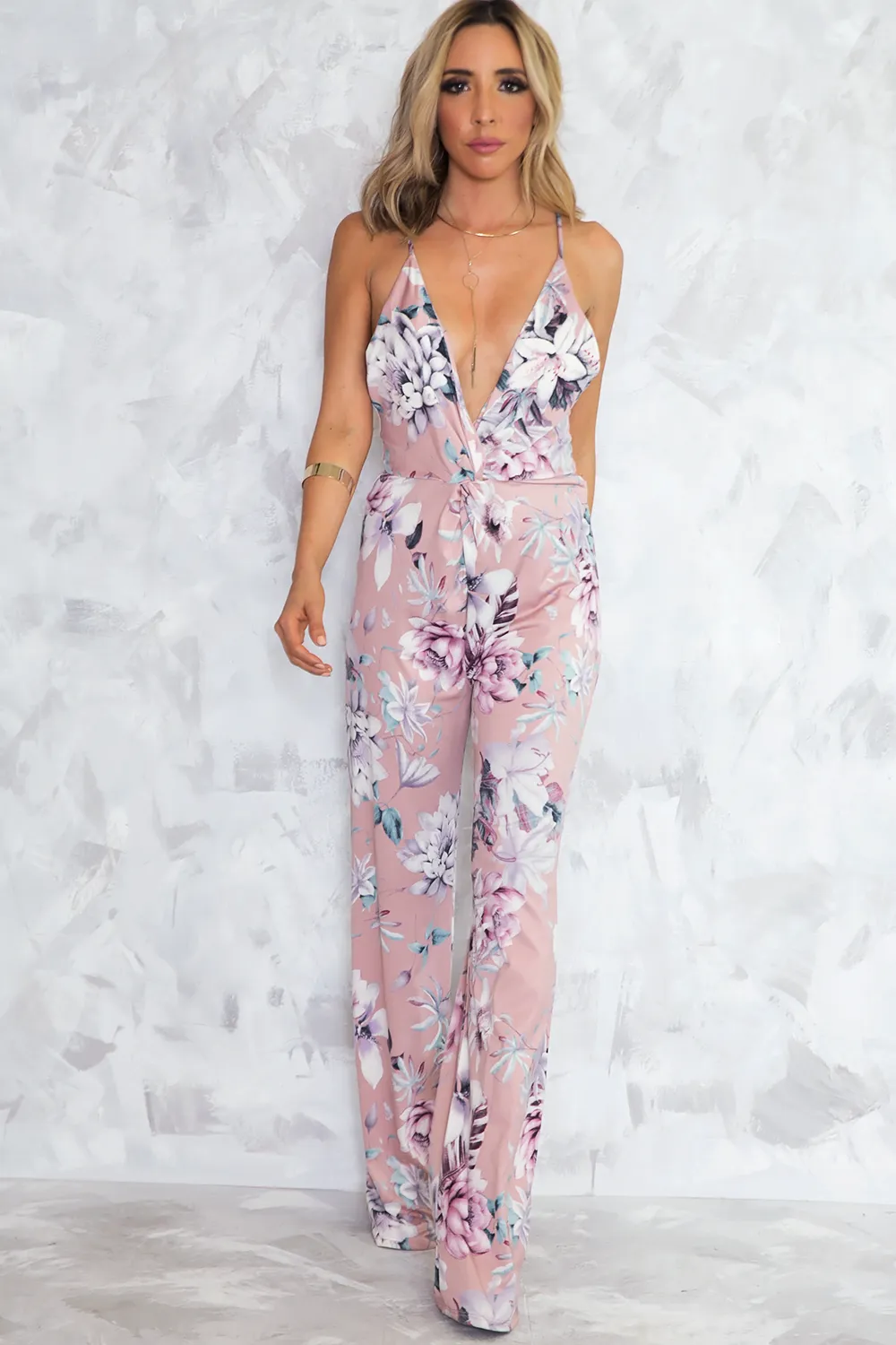 Floral Deep-V Jumpsuit - Blush