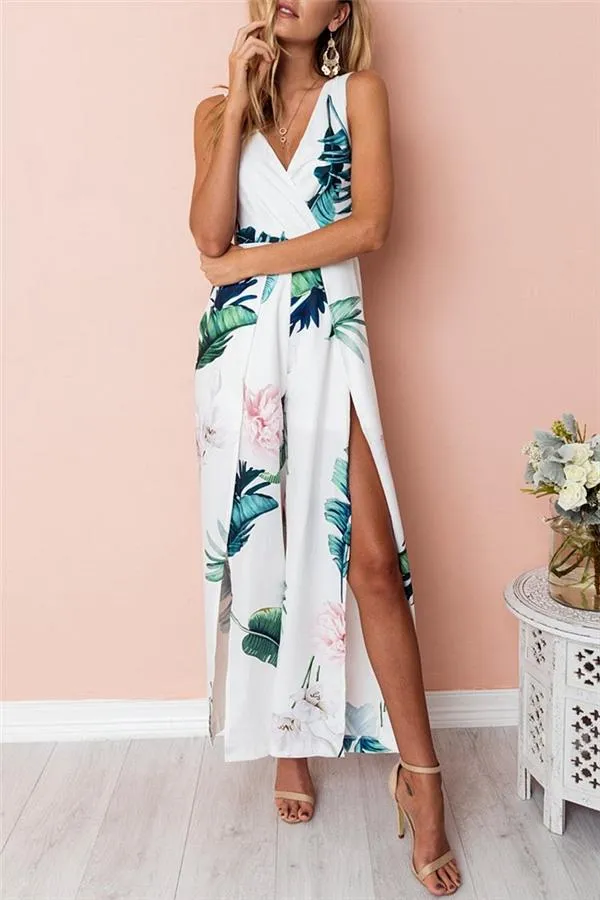 Floral V Neck Slit Jumpsuit