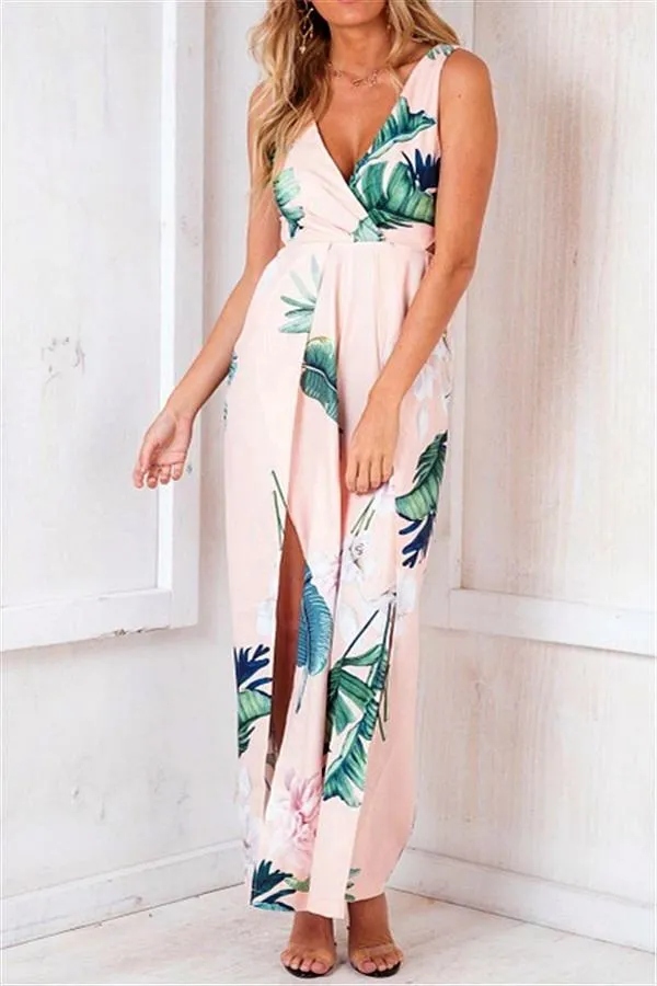 Floral V Neck Slit Jumpsuit