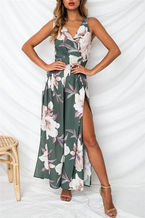 Floral V Neck Slit Jumpsuit