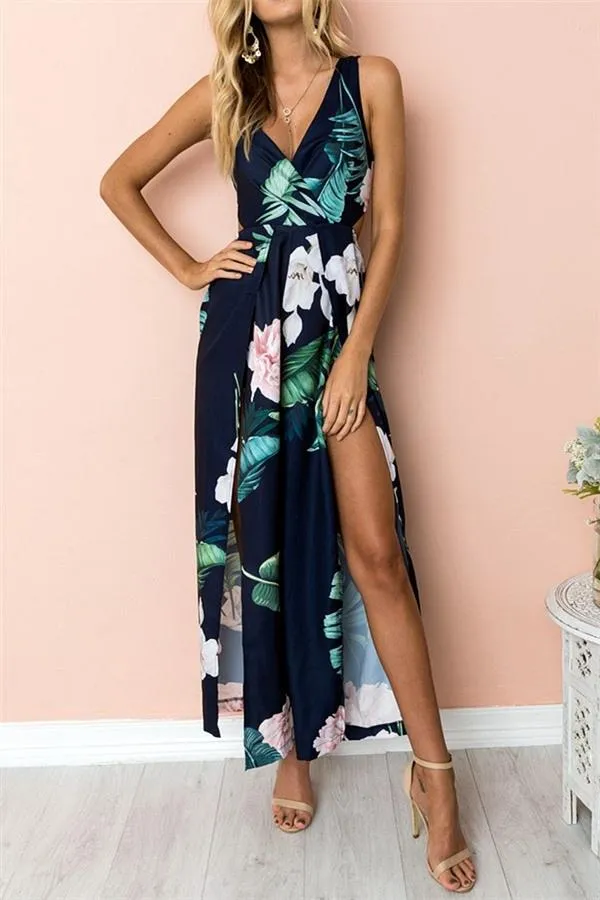 Floral V Neck Slit Jumpsuit