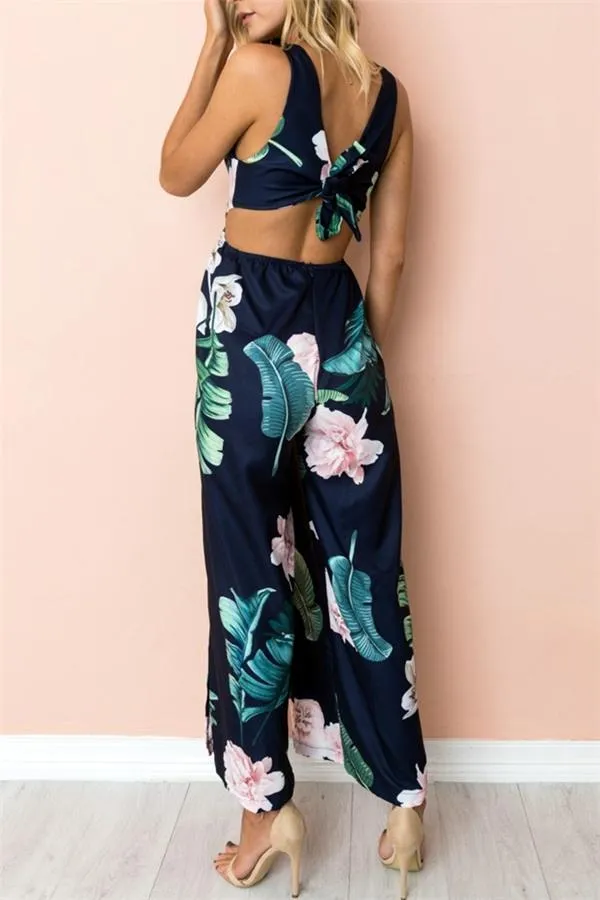 Floral V Neck Slit Jumpsuit