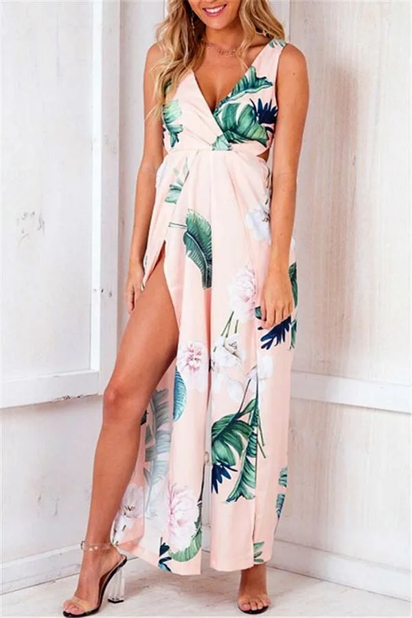 Floral V Neck Slit Jumpsuit