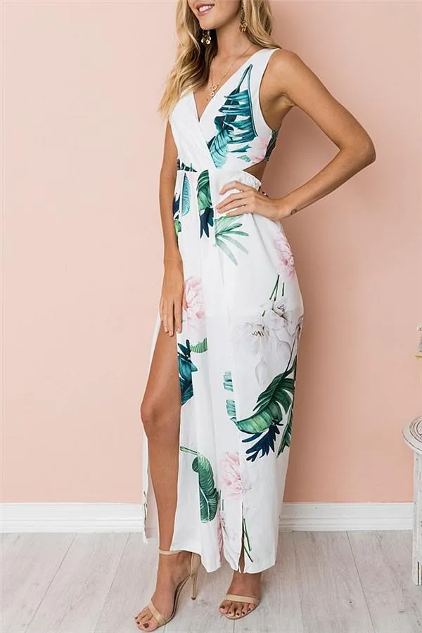 Floral V Neck Slit Jumpsuit