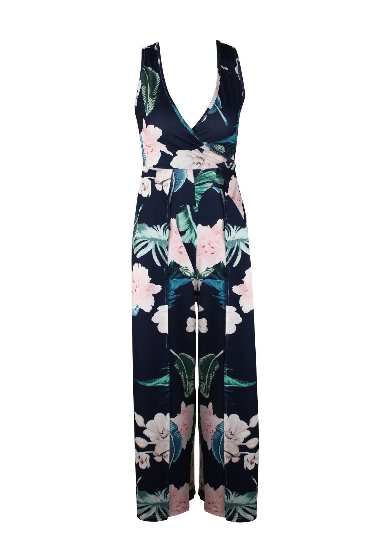 Floral V Neck Slit Jumpsuit