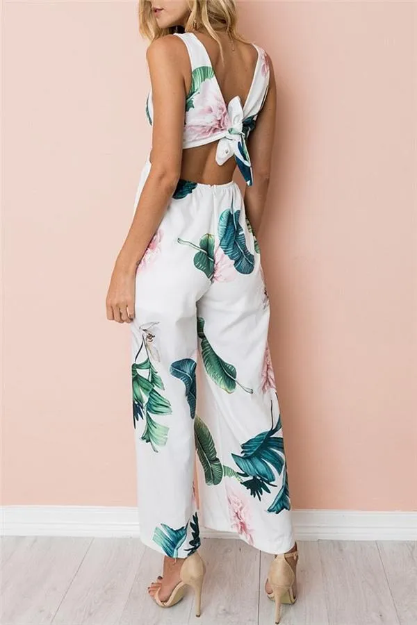 Floral V Neck Slit Jumpsuit