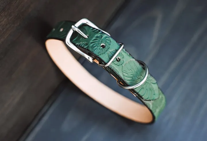 Foytik Green Monstera Palm Leaves Leather Collar