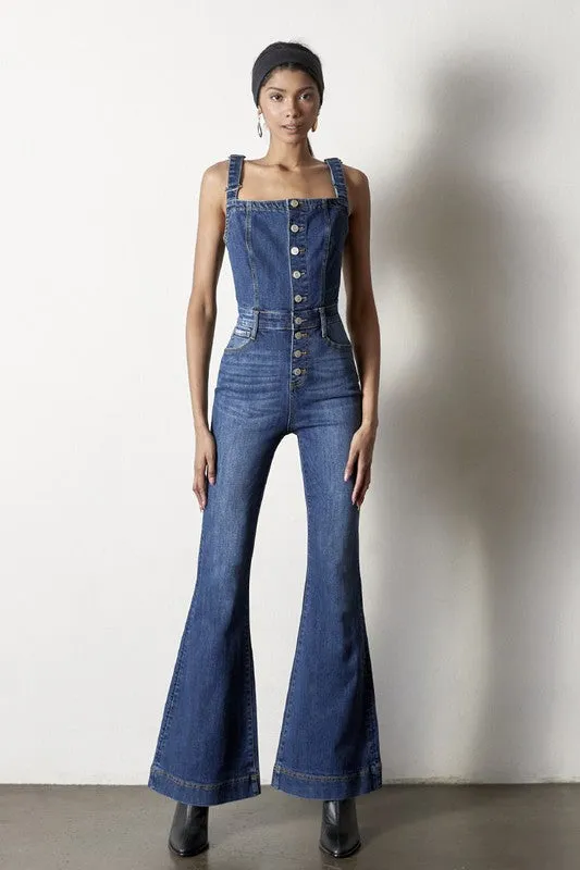 Front Buttons Flare Denim Overalls