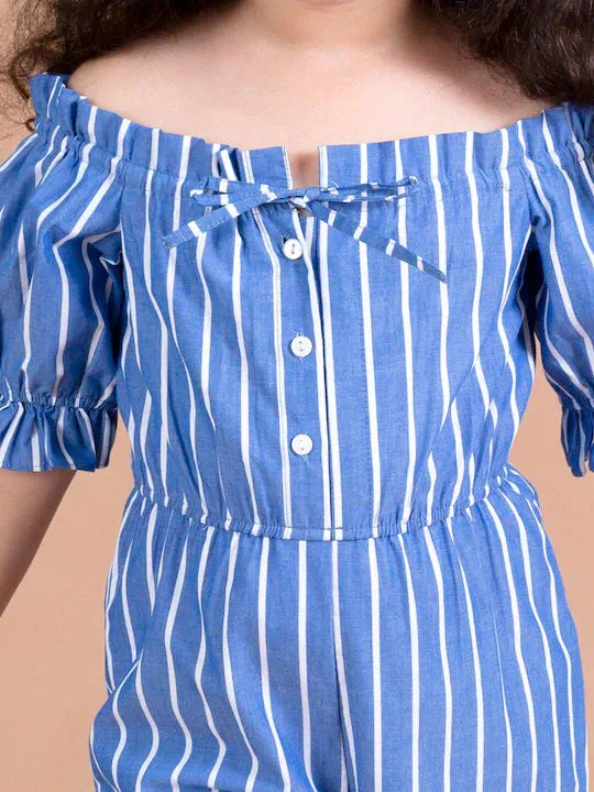 Girls Blue White Off-Shoulder Striped Basic Jumpsuit - Ps Peaches