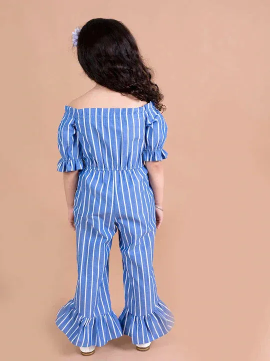 Girls Blue White Off-Shoulder Striped Basic Jumpsuit - Ps Peaches