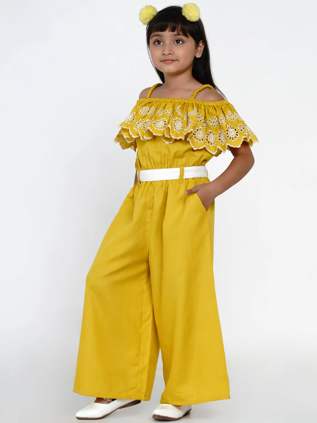 Girls Off Shoulder Cotton Ruffles Jumpsuit