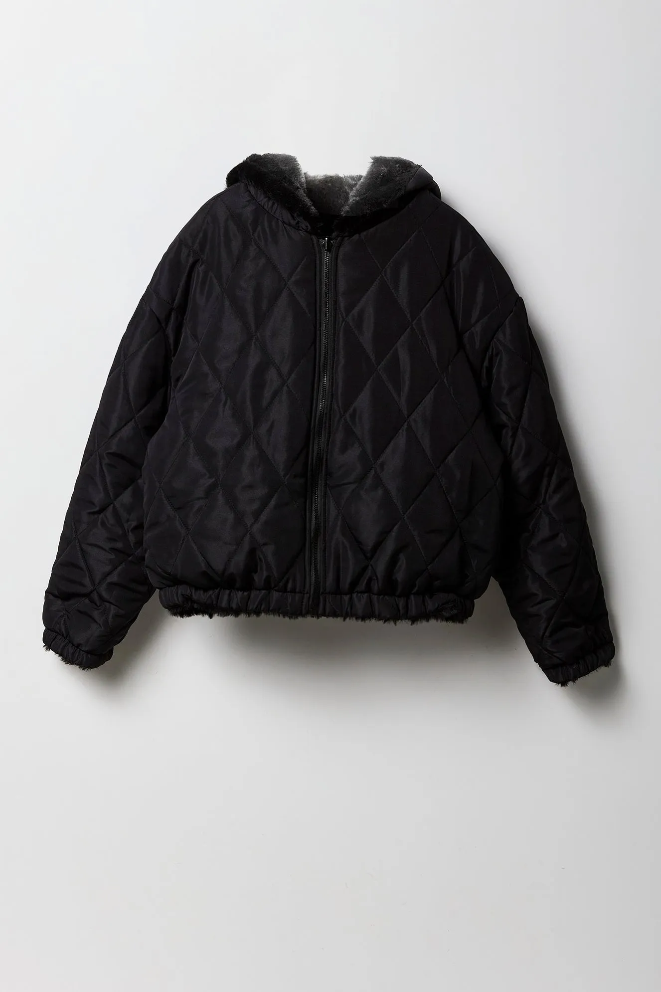 Girls Quilted Faux Fur Reversible Bomber Jacket