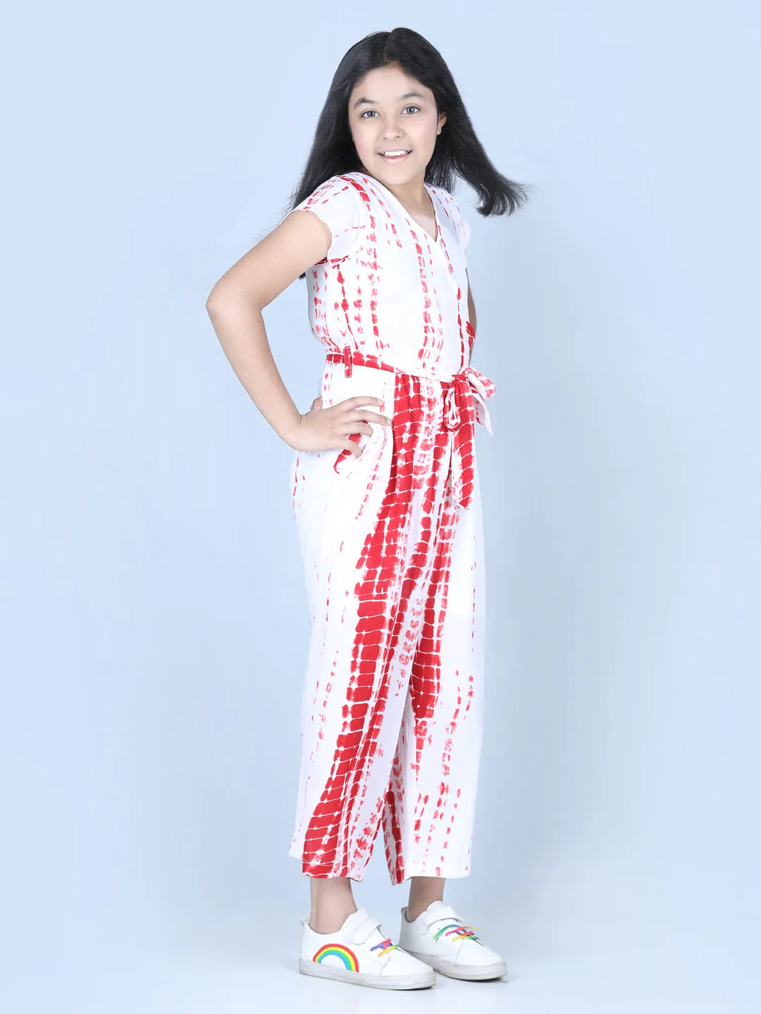 Girl's  Rayon Red Tie & Dye Jumpsuit - StyleStone Kid