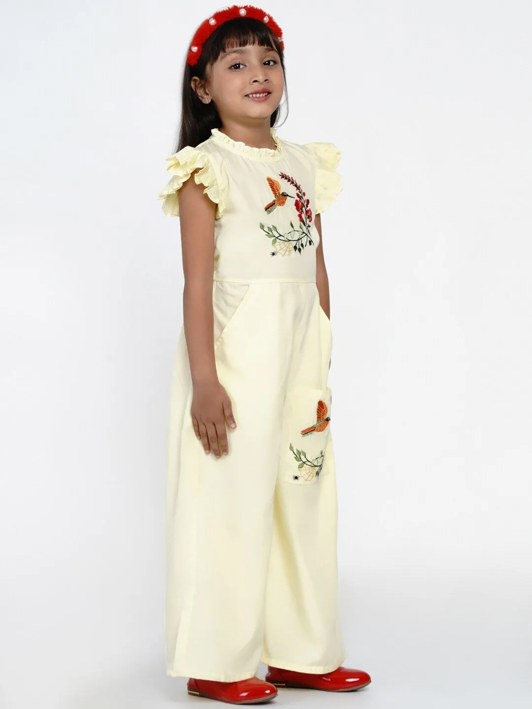 Girl's Yellow & Orange Embroidered Basic Jumpsuit - NOZ2TOZ KIDS