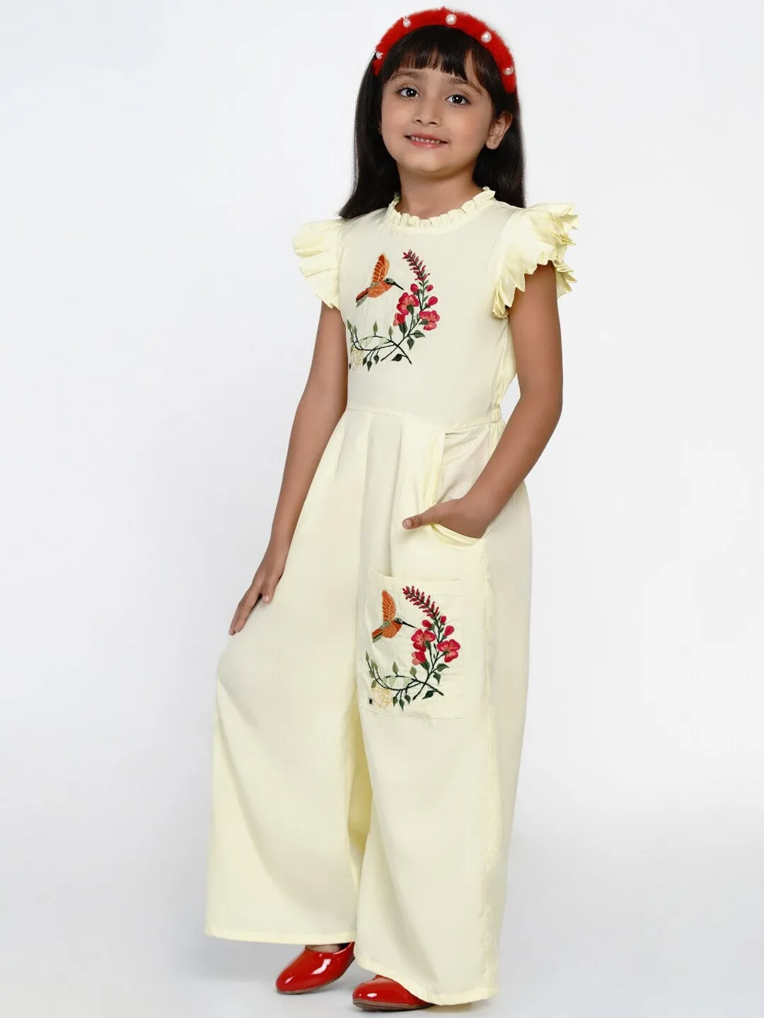 Girl's Yellow & Orange Embroidered Basic Jumpsuit - NOZ2TOZ KIDS