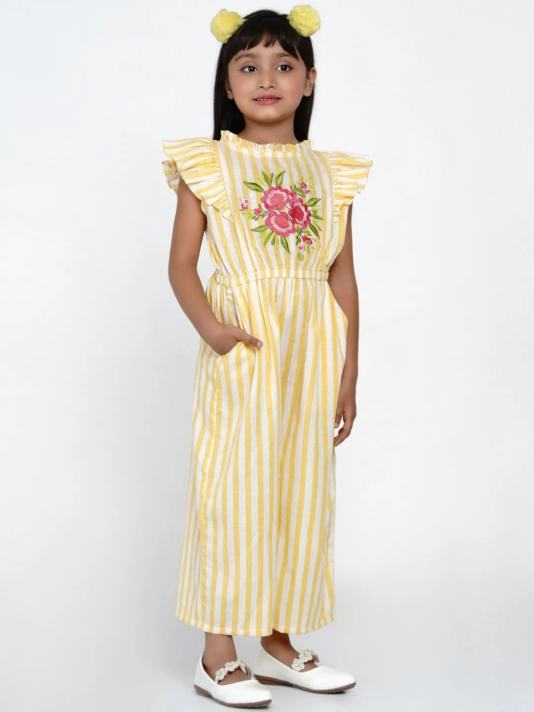 Girl's Yellow & White Striped Basic Jumpsuit - NOZ2TOZ KIDS