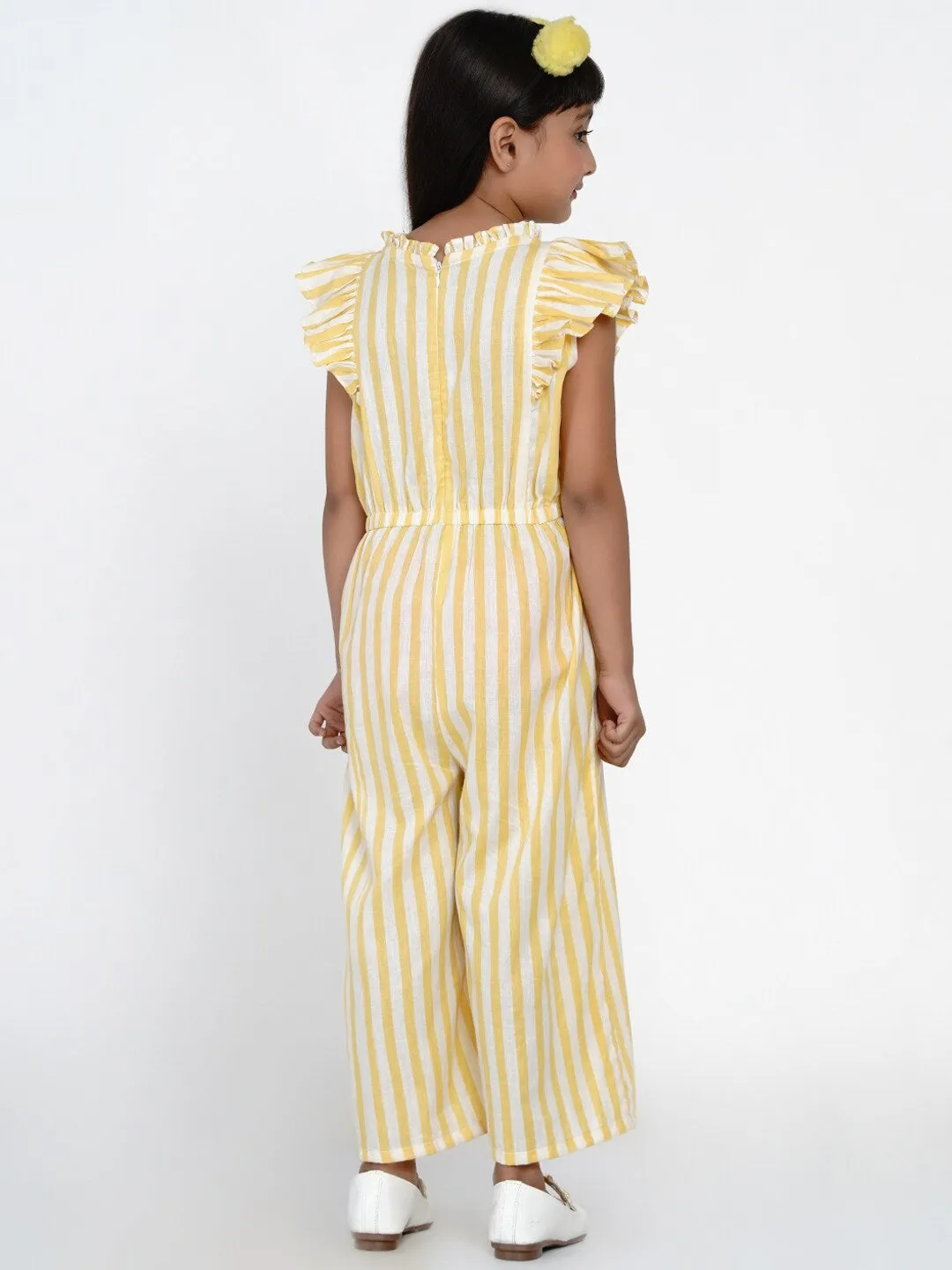 Girl's Yellow & White Striped Basic Jumpsuit - NOZ2TOZ KIDS