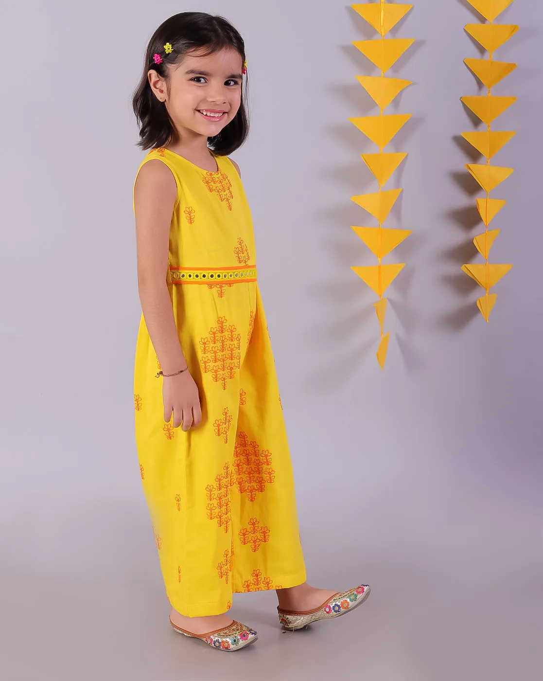 Girl's Yellow Cotton Tie & Dye Jumpsuit - Lil Drama