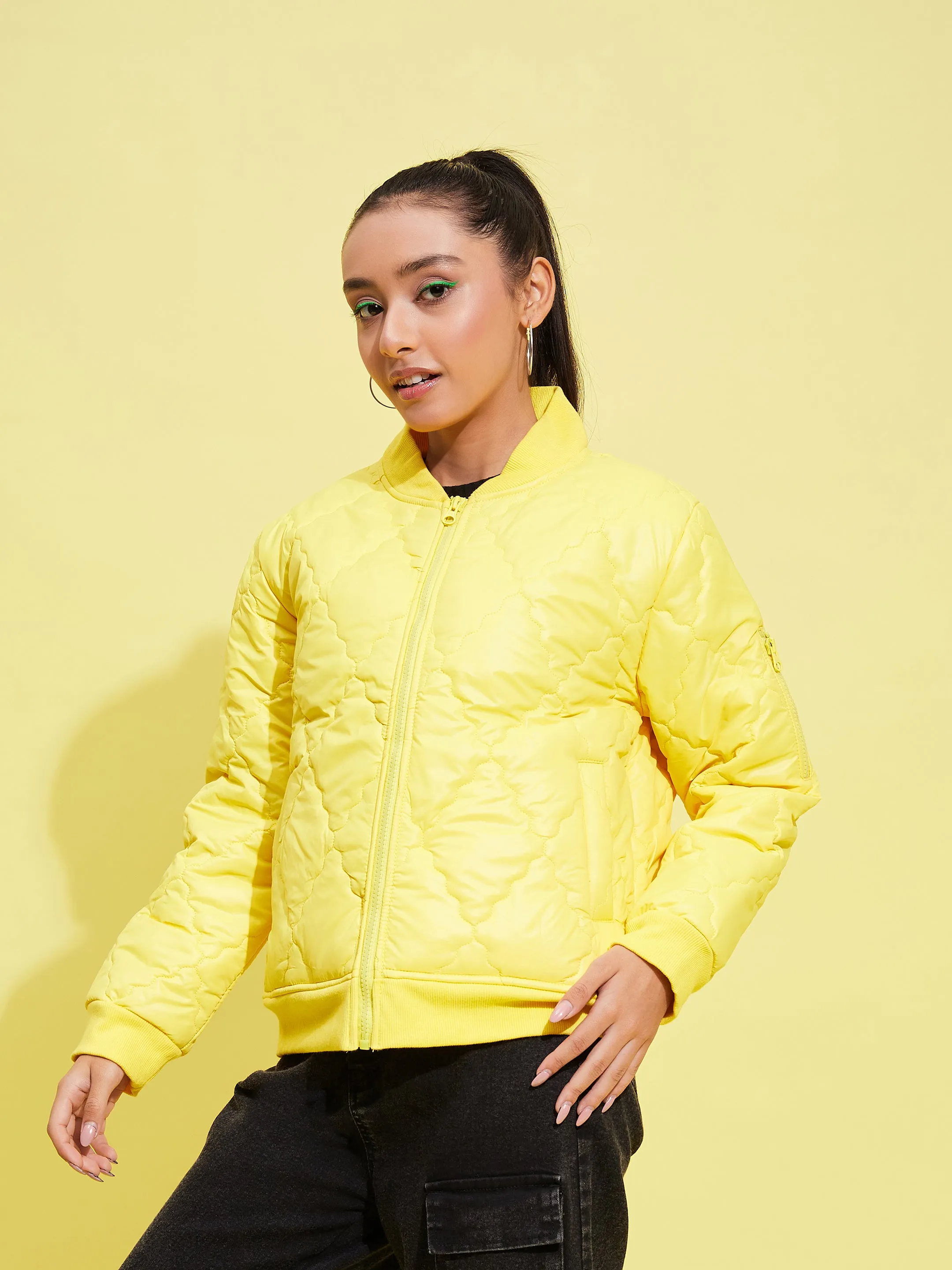 Girls Yellow Quilted Bomber Jacket