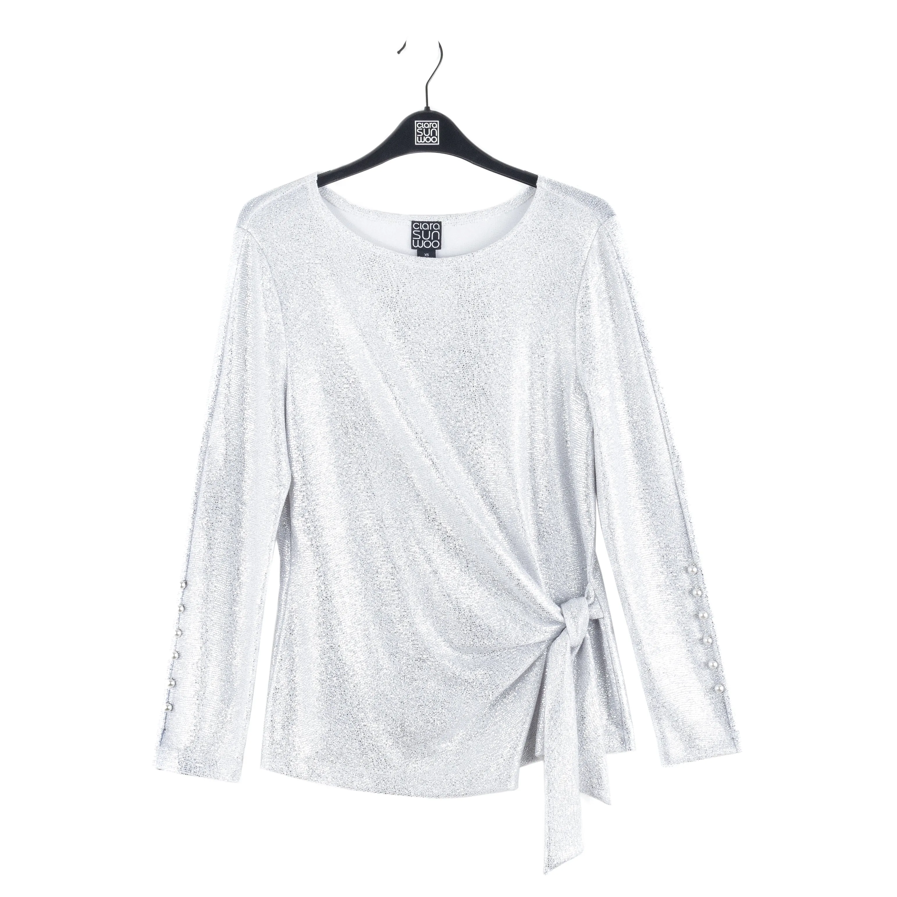 Glitter Foil - Pearl Cuff Side Tie Waist Top - Silver - Limited Sizes - XL, 1X