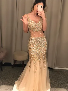 Gorgeous V Neck Mermaid Golden Long Prom with Rhinestones, Mermadi Golden Formal, Golden Evening