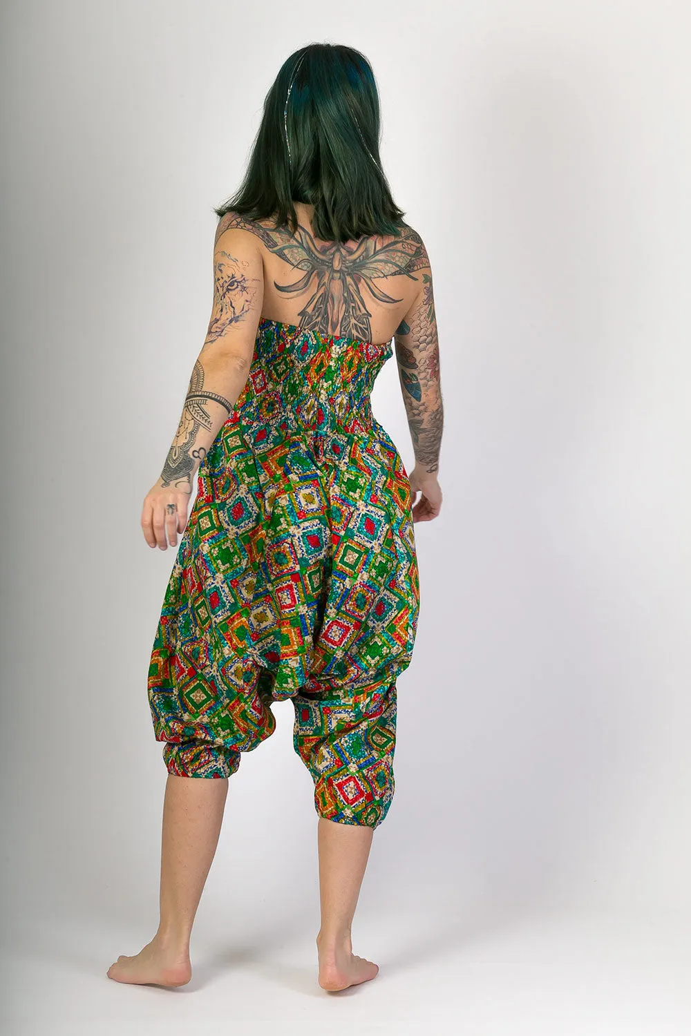 Green Print Cotton Harem Yoga Jumpsuit Pants