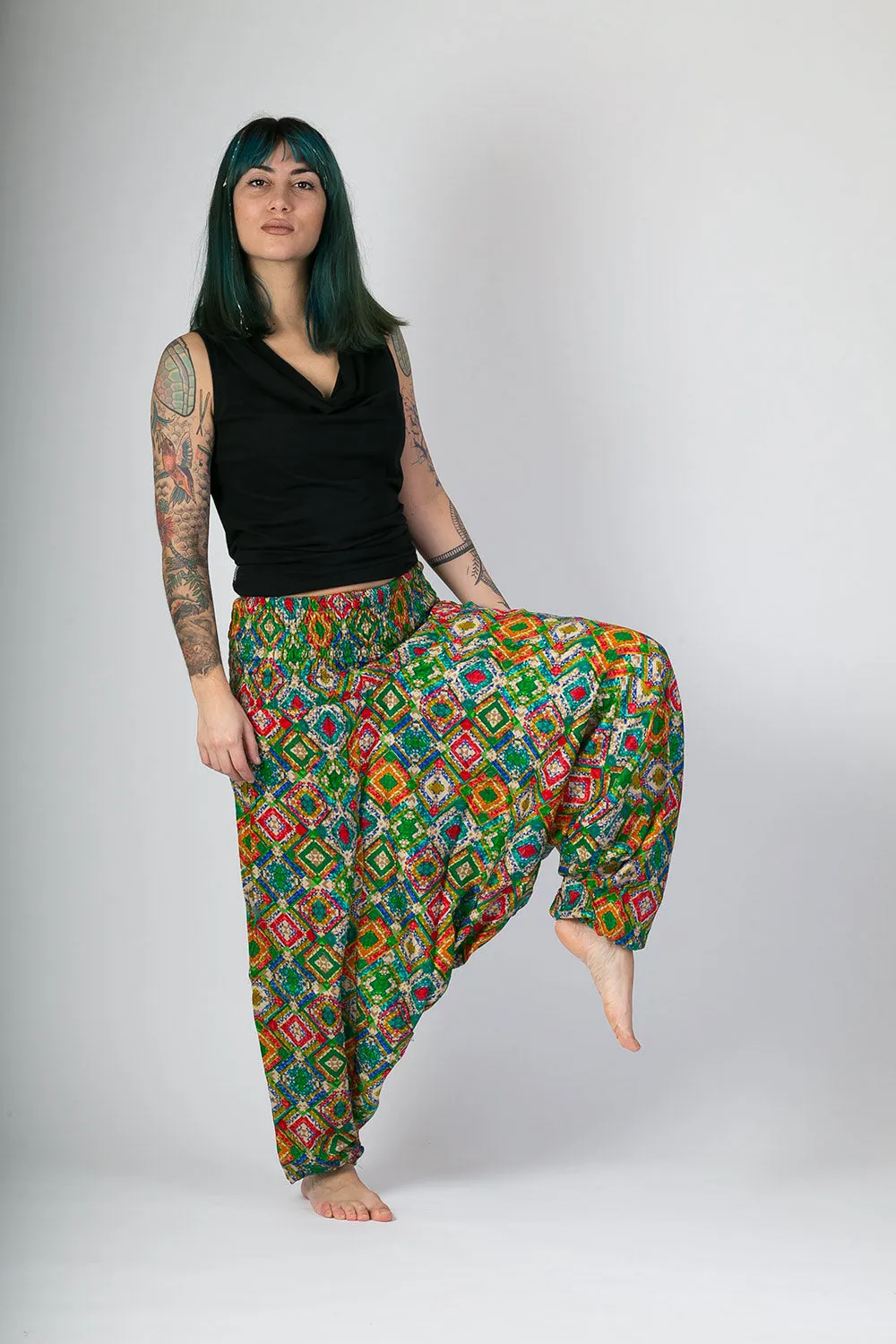 Green Print Cotton Harem Yoga Jumpsuit Pants